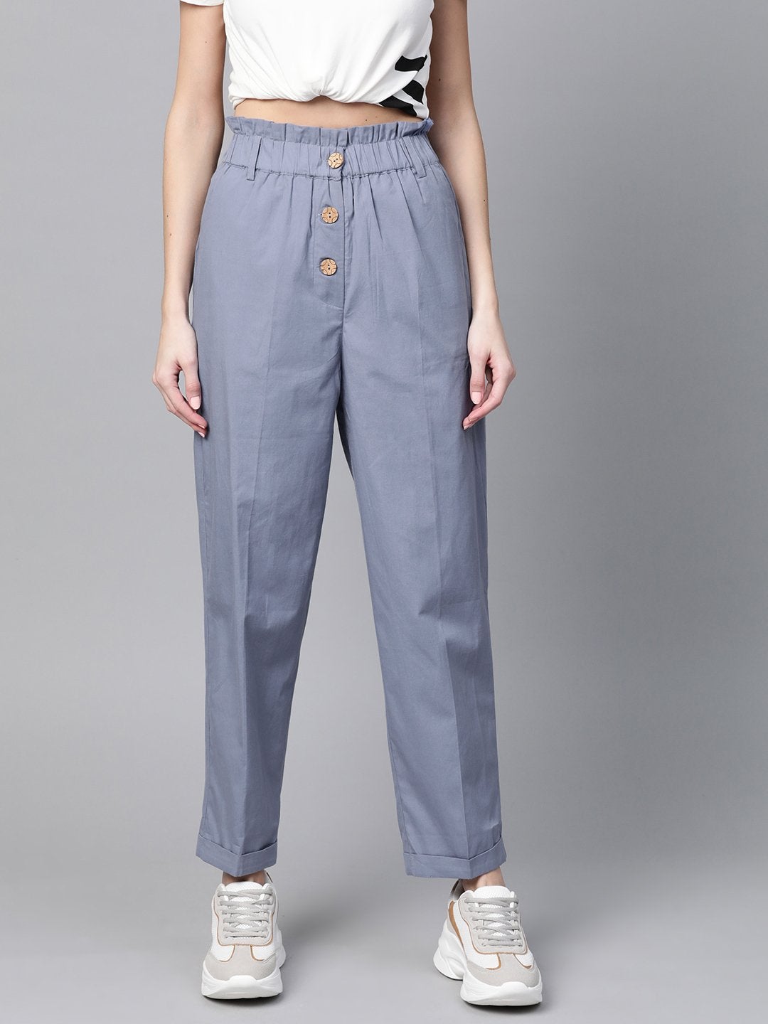 Women's Blue Front Button Tapered Pants - SASSAFRAS