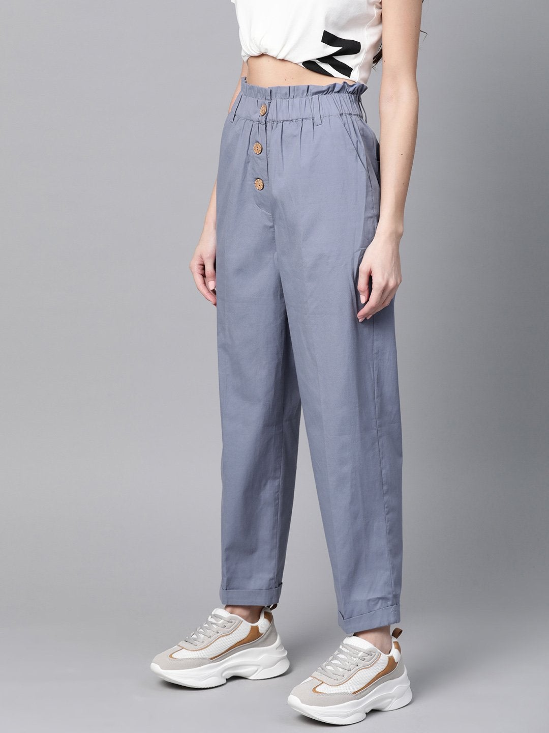 Women's Blue Front Button Tapered Pants - SASSAFRAS