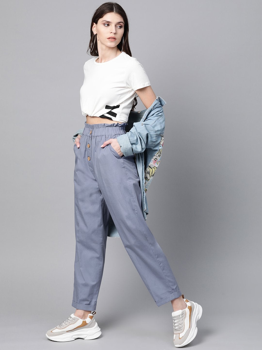 Women's Blue Front Button Tapered Pants - SASSAFRAS