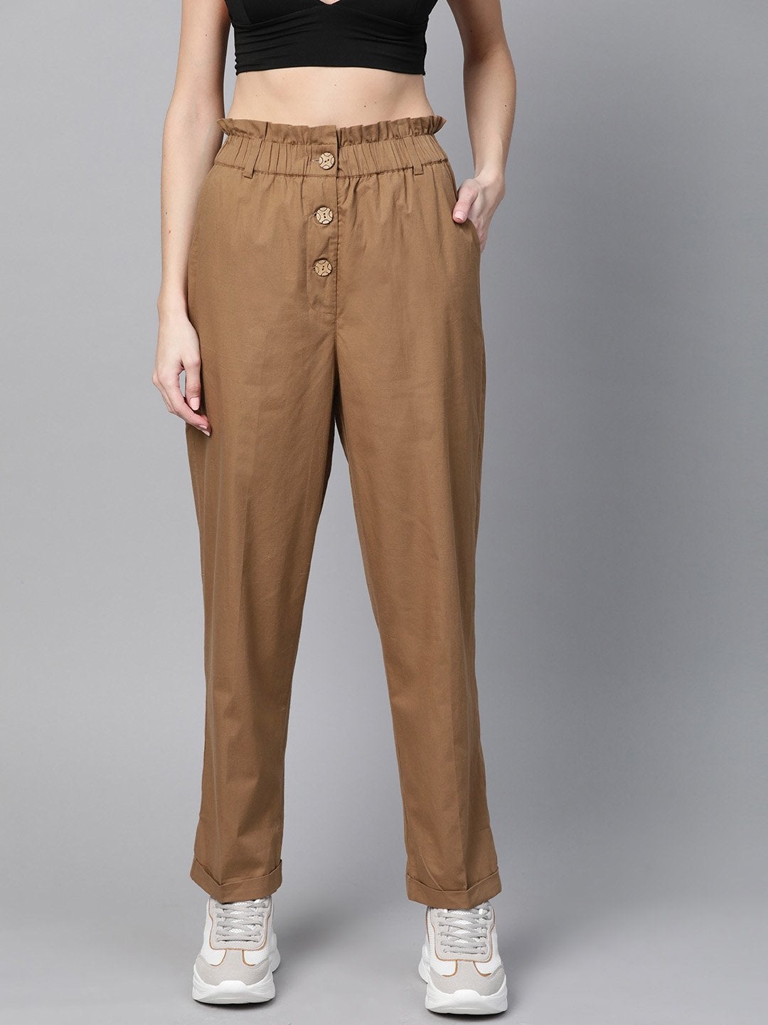 Women's Brown Front Button Tapered Pants - SASSAFRAS