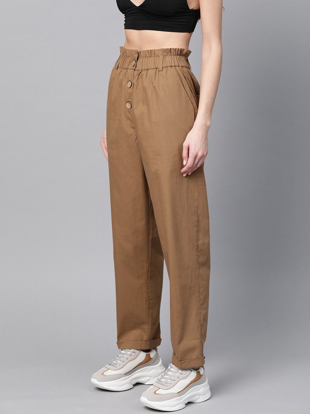 Women's Brown Front Button Tapered Pants - SASSAFRAS