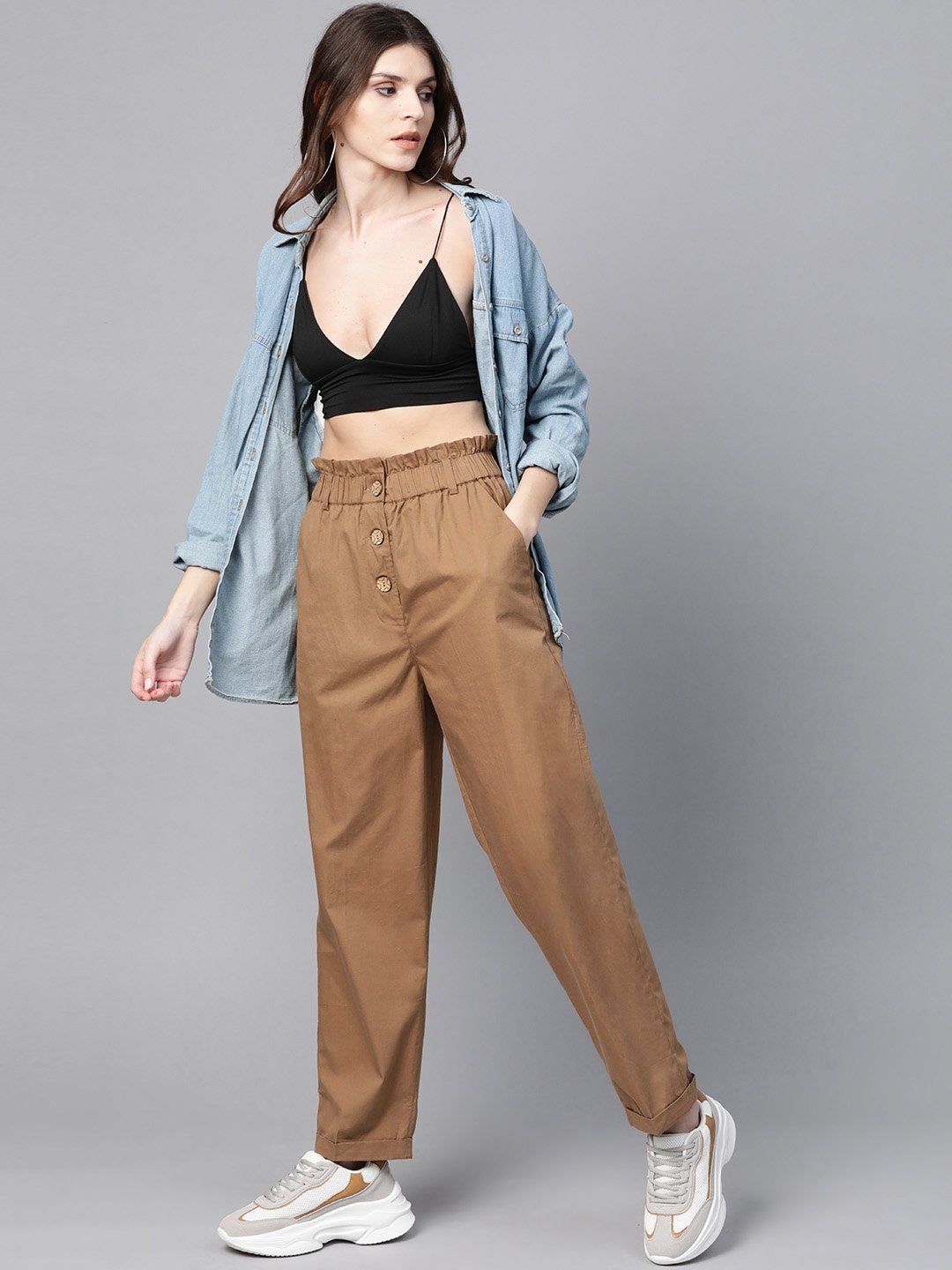 Women's Brown Front Button Tapered Pants - SASSAFRAS