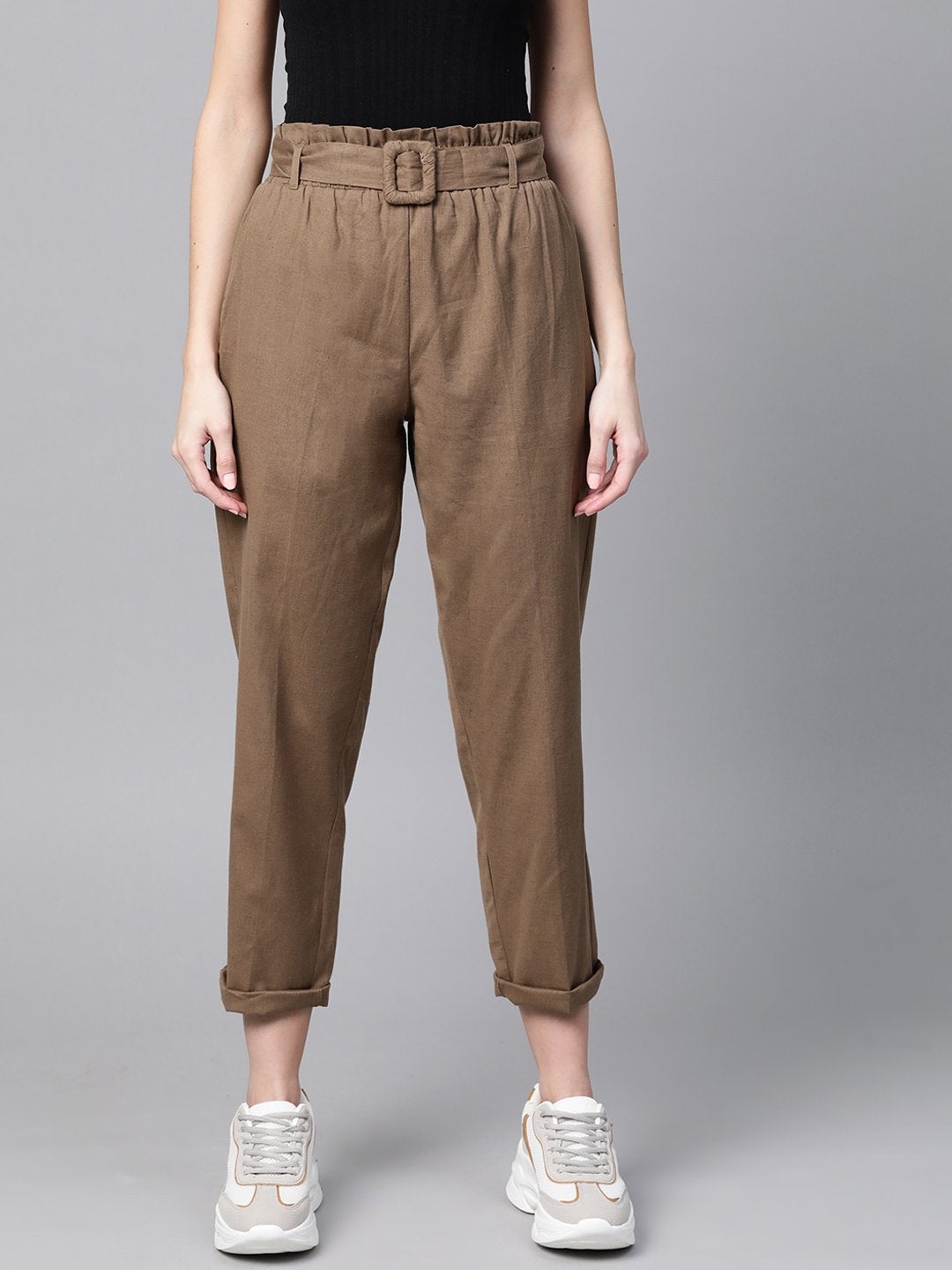 Women's Brown Belted Tapered Pants - SASSAFRAS