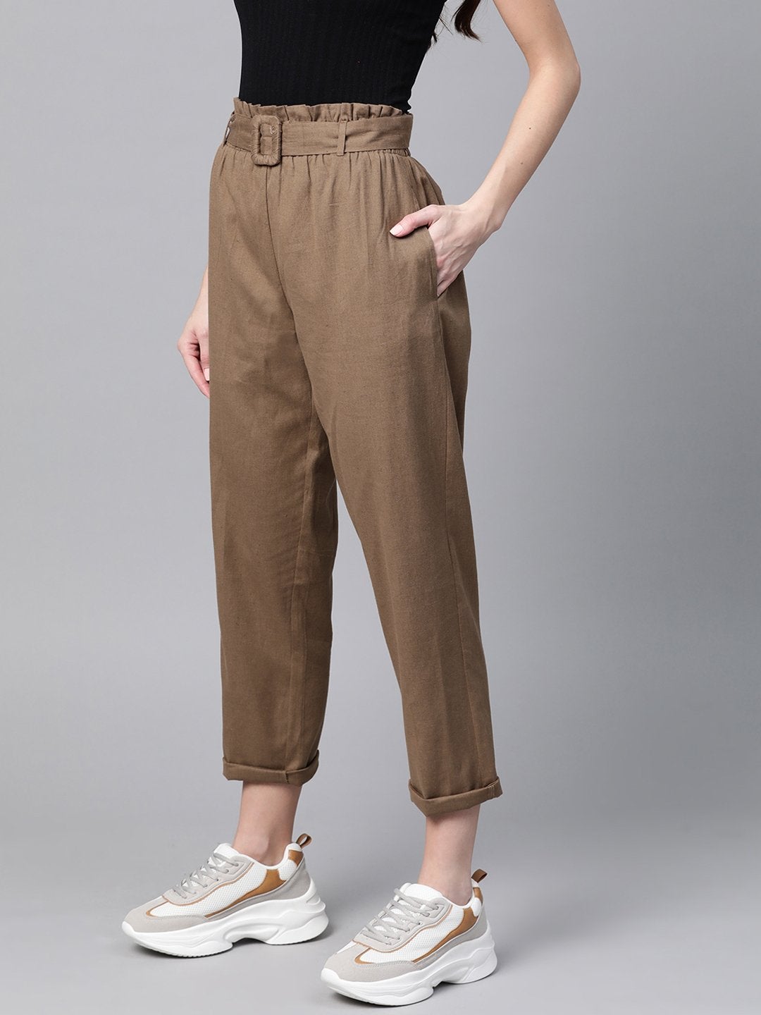 Women's Brown Belted Tapered Pants - SASSAFRAS