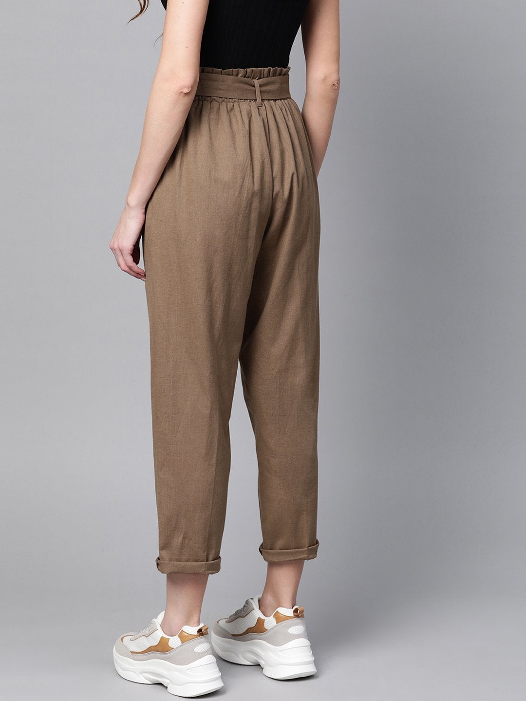 Women's Brown Belted Tapered Pants - SASSAFRAS