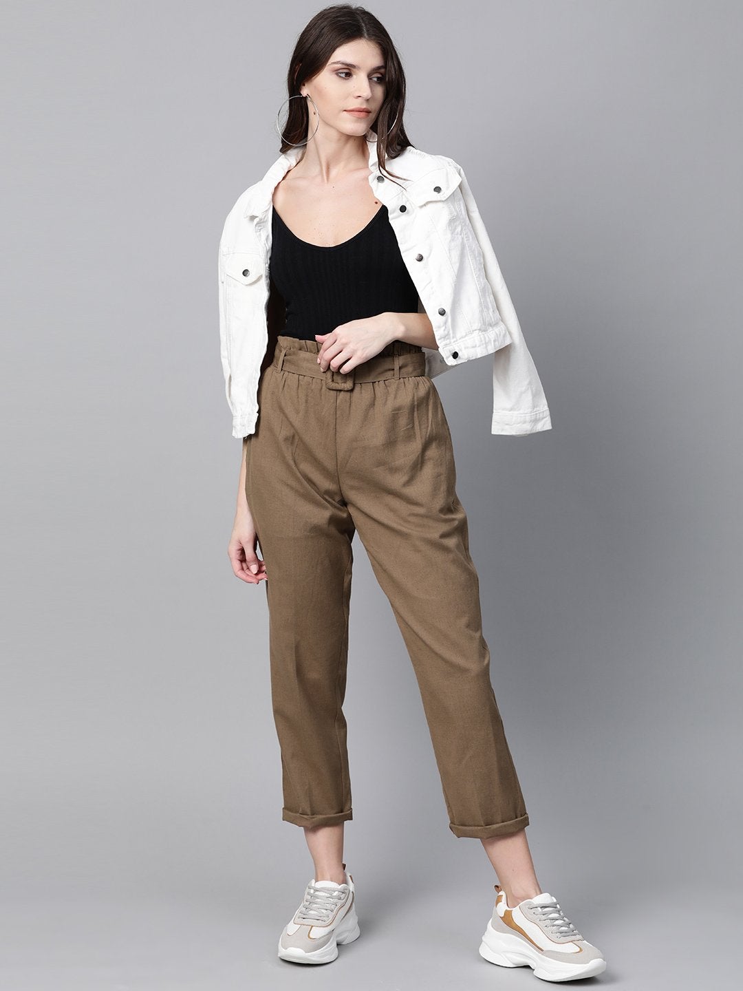 Women's Brown Belted Tapered Pants - SASSAFRAS