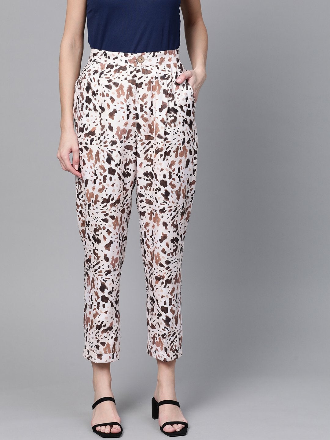 Women's Off White Leopard Dart Trousers - SASSAFRAS