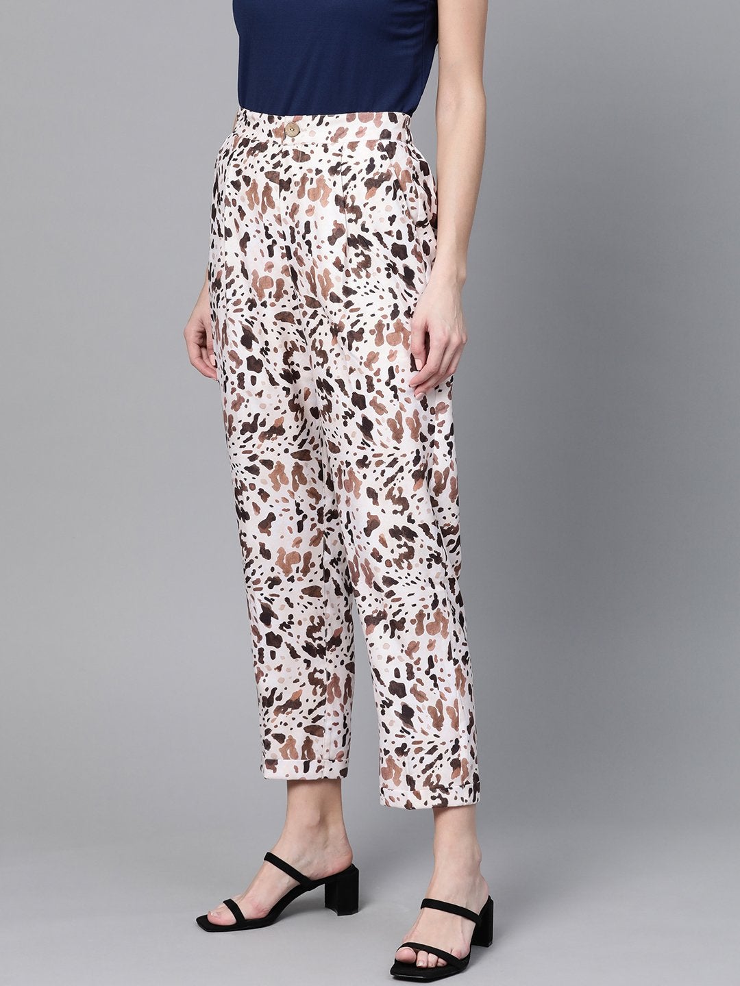 Women's Off White Leopard Dart Trousers - SASSAFRAS