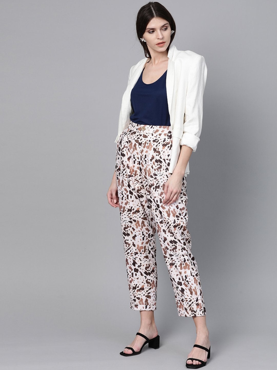 Women's Off White Leopard Dart Trousers - SASSAFRAS