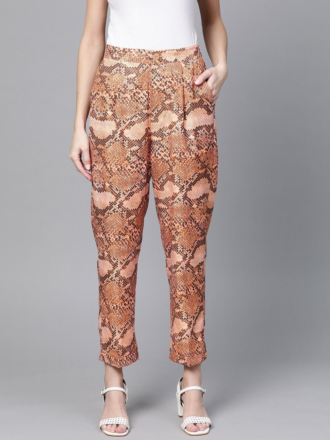 Women's Brown Snake Print Dart Trousers - SASSAFRAS