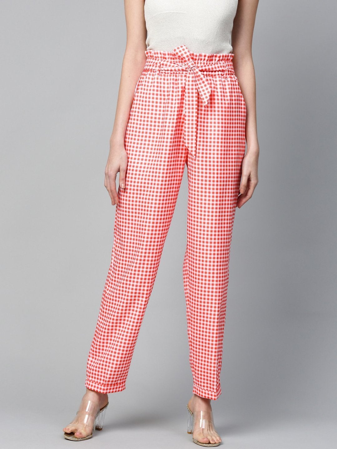 Women's Red & White Check Front Button Tapered Pant - SASSAFRAS