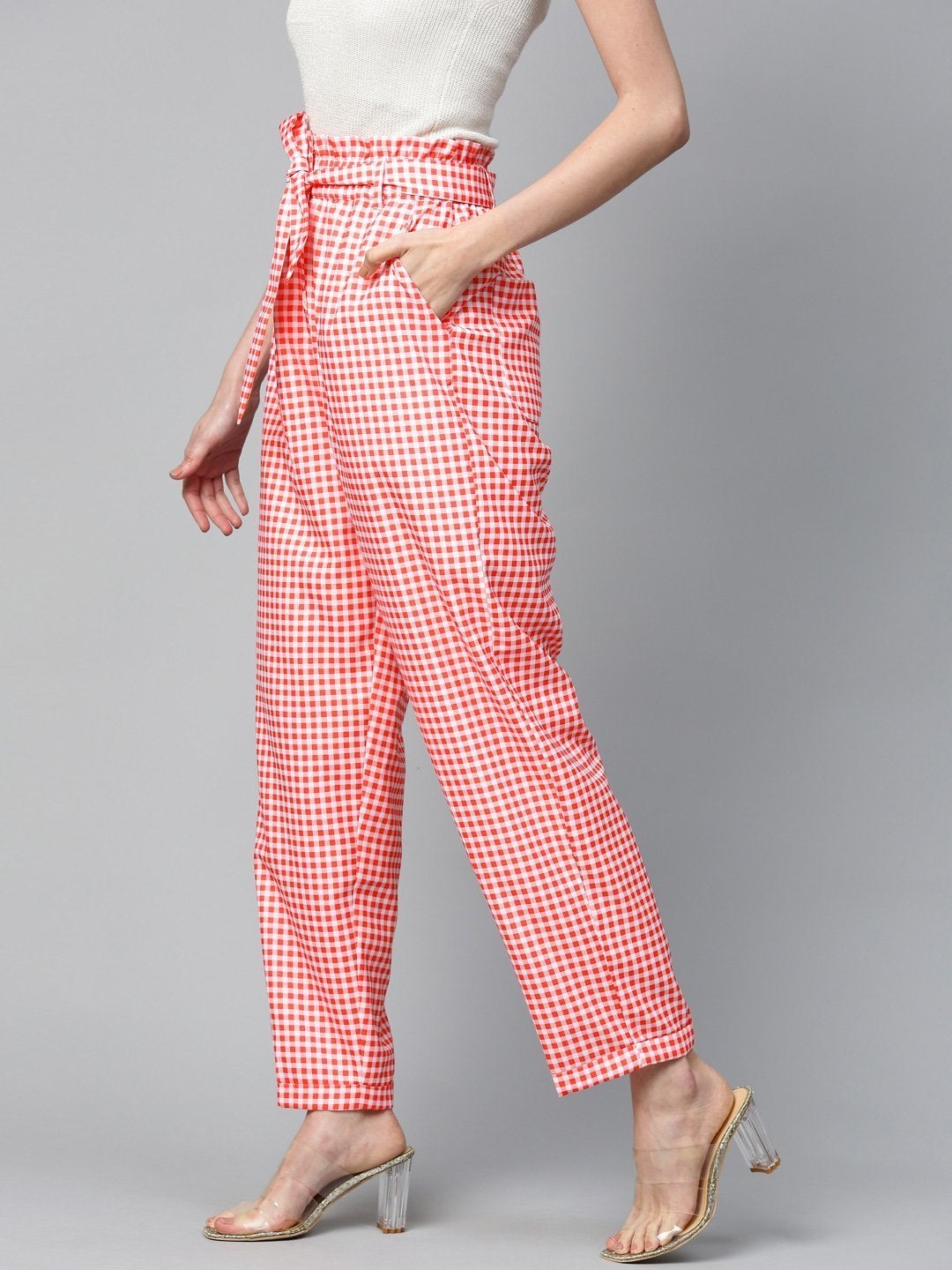 Women's Red & White Check Front Button Tapered Pant - SASSAFRAS