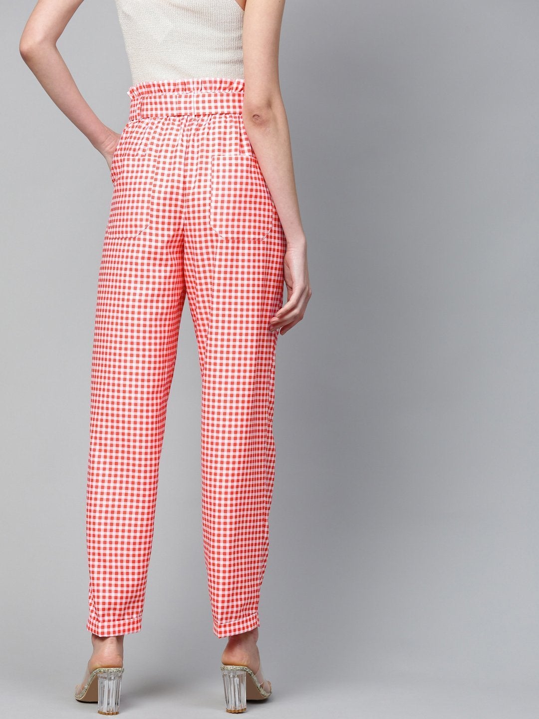 Women's Red & White Check Front Button Tapered Pant - SASSAFRAS