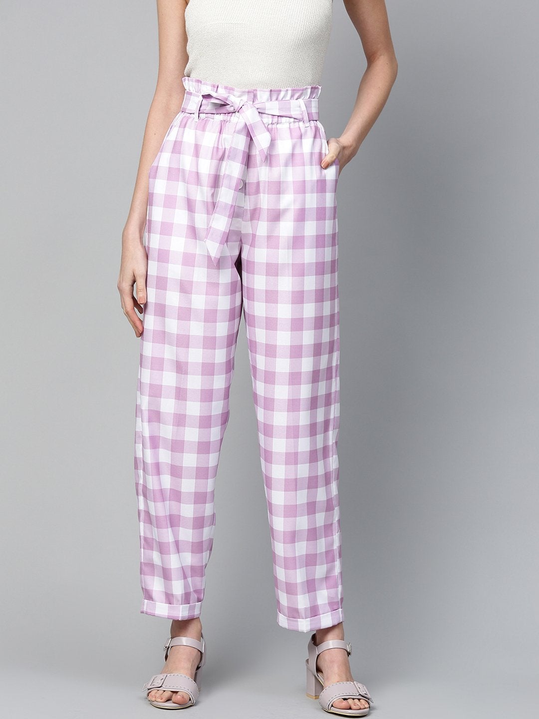 Women's Lavender & White Check Front Button Tapered Pant - SASSAFRAS