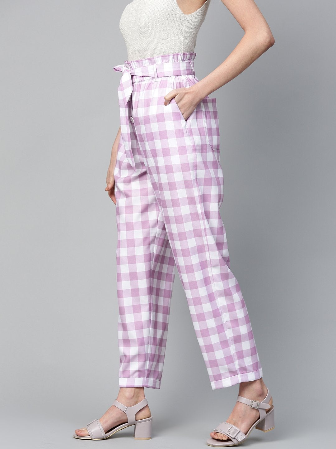 Women's Lavender & White Check Front Button Tapered Pant - SASSAFRAS