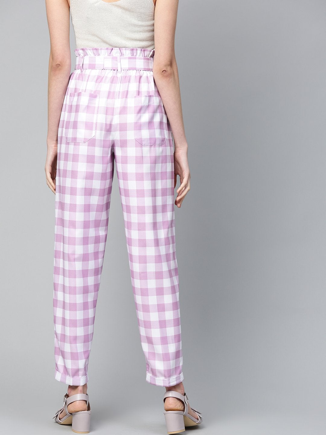 Women's Lavender & White Check Front Button Tapered Pant - SASSAFRAS