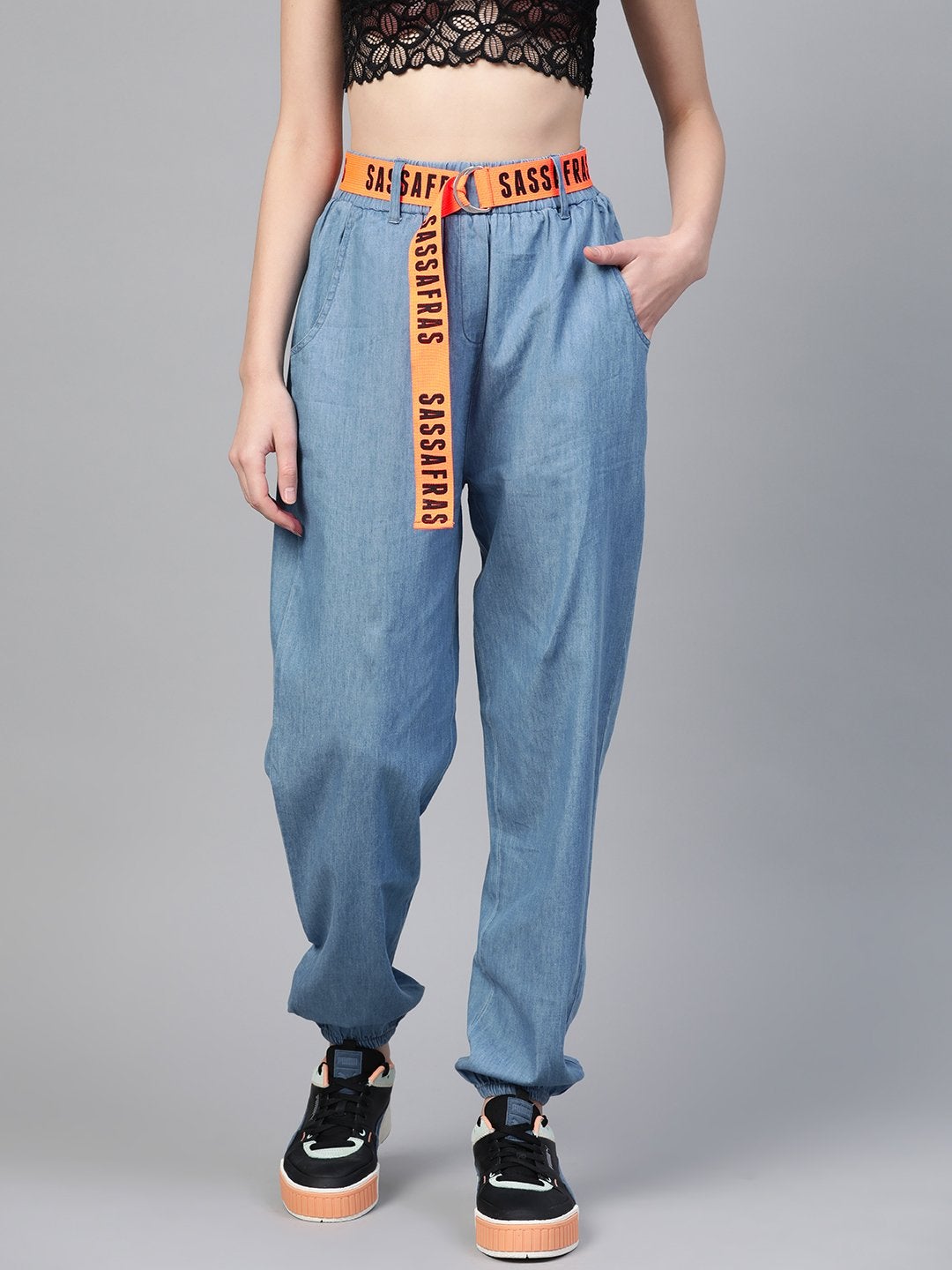 Women's Ice Blue Contrast Belted Denim Jogger - SASSAFRAS