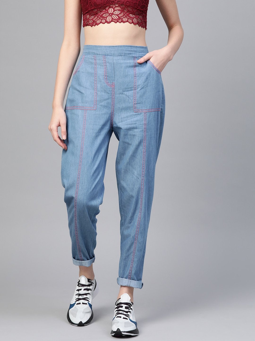 Women's Blue Contrast Pink Stitch Tapered Pants - SASSAFRAS