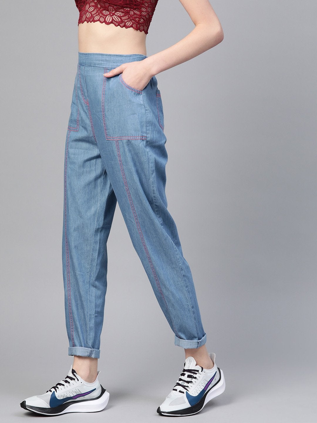 Women's Blue Contrast Pink Stitch Tapered Pants - SASSAFRAS