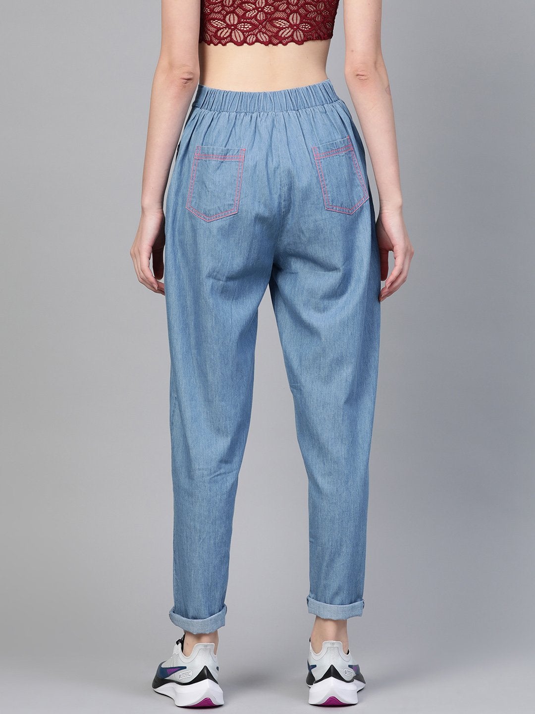 Women's Blue Contrast Pink Stitch Tapered Pants - SASSAFRAS