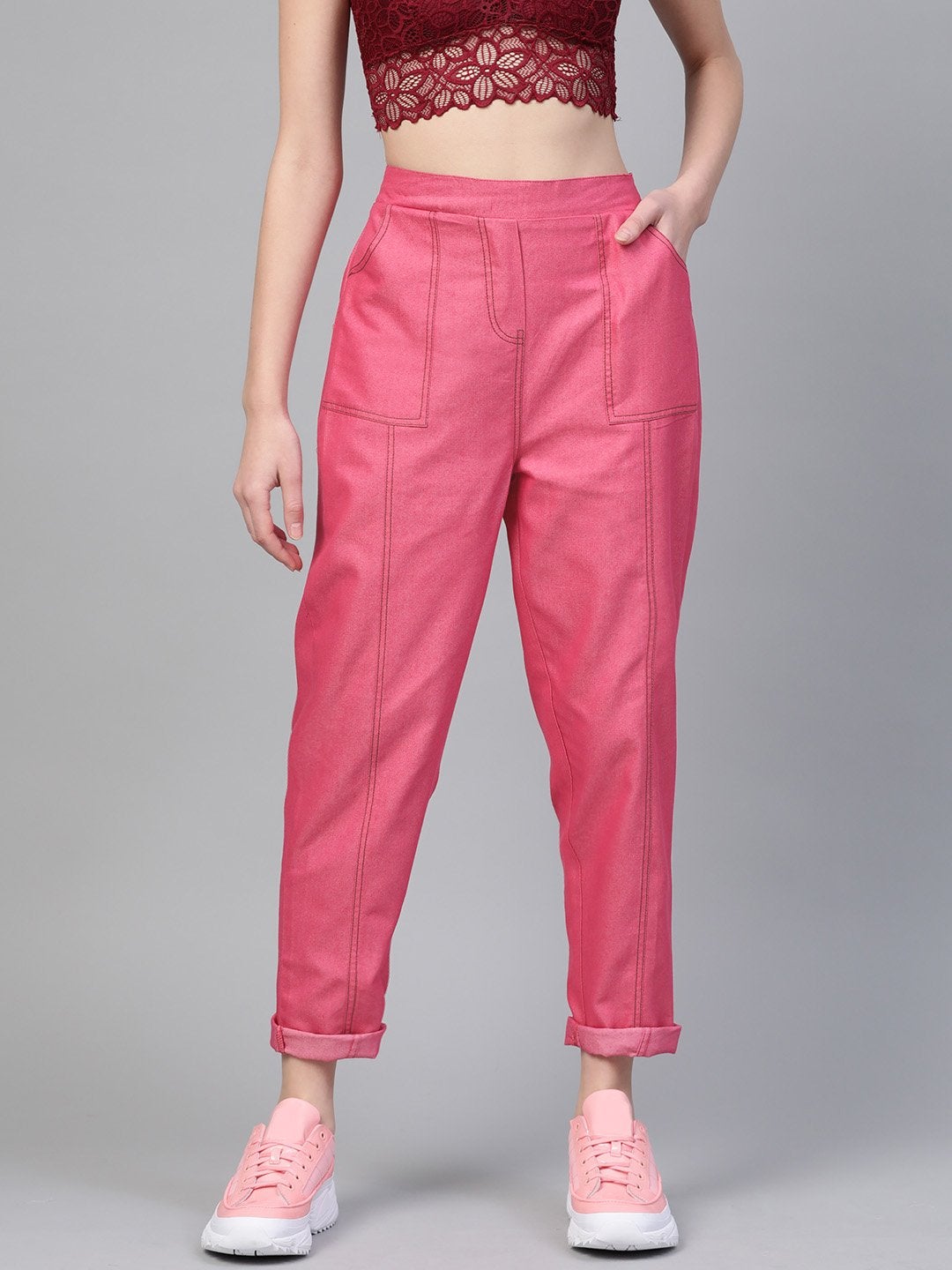 Women's Fuchsia Contrast Stitch Twill Tapered Pants - SASSAFRAS