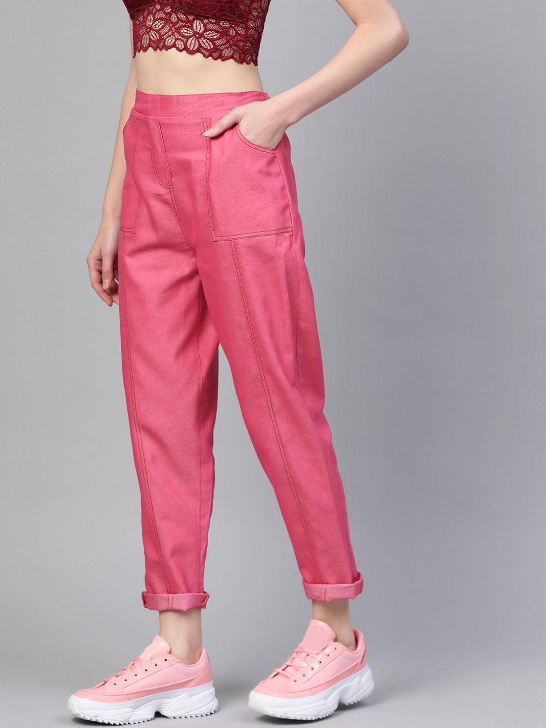 Women's Fuchsia Contrast Stitch Twill Tapered Pants - SASSAFRAS