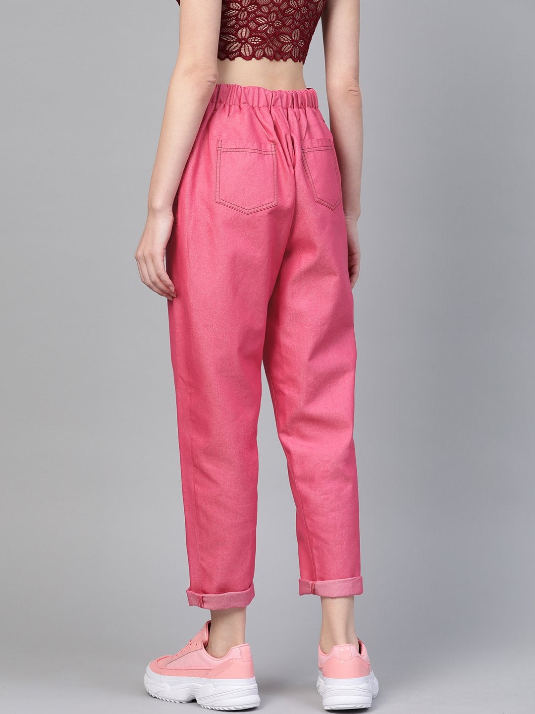 Women's Fuchsia Contrast Stitch Twill Tapered Pants - SASSAFRAS