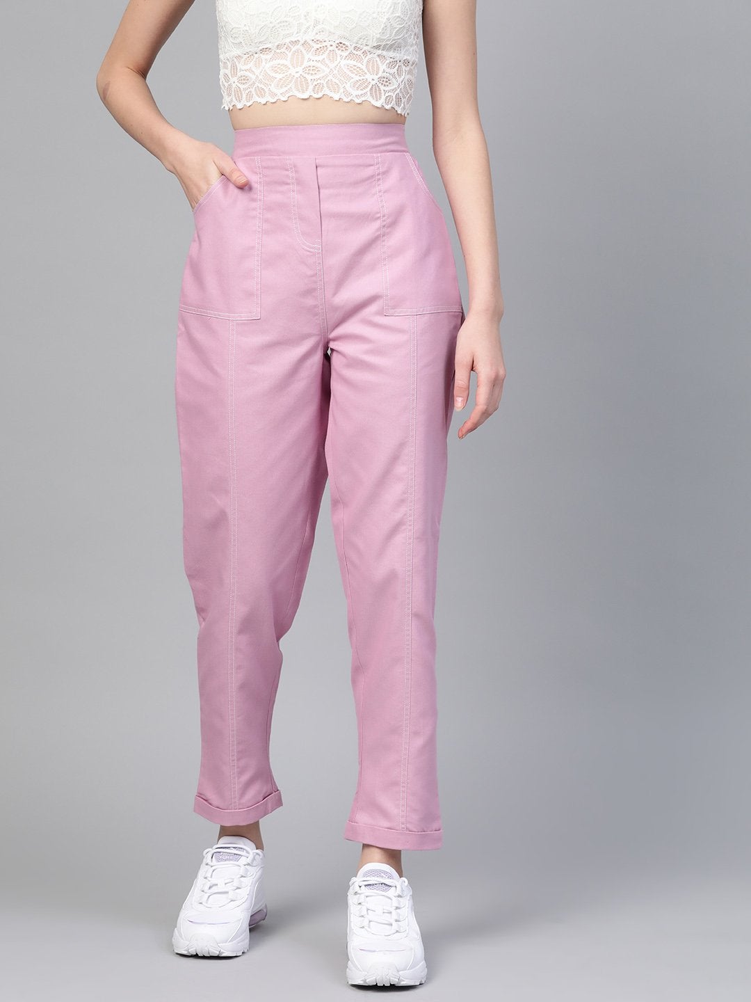 Women's Lavender Contrast Stitch Twill Tapered Pants - SASSAFRAS