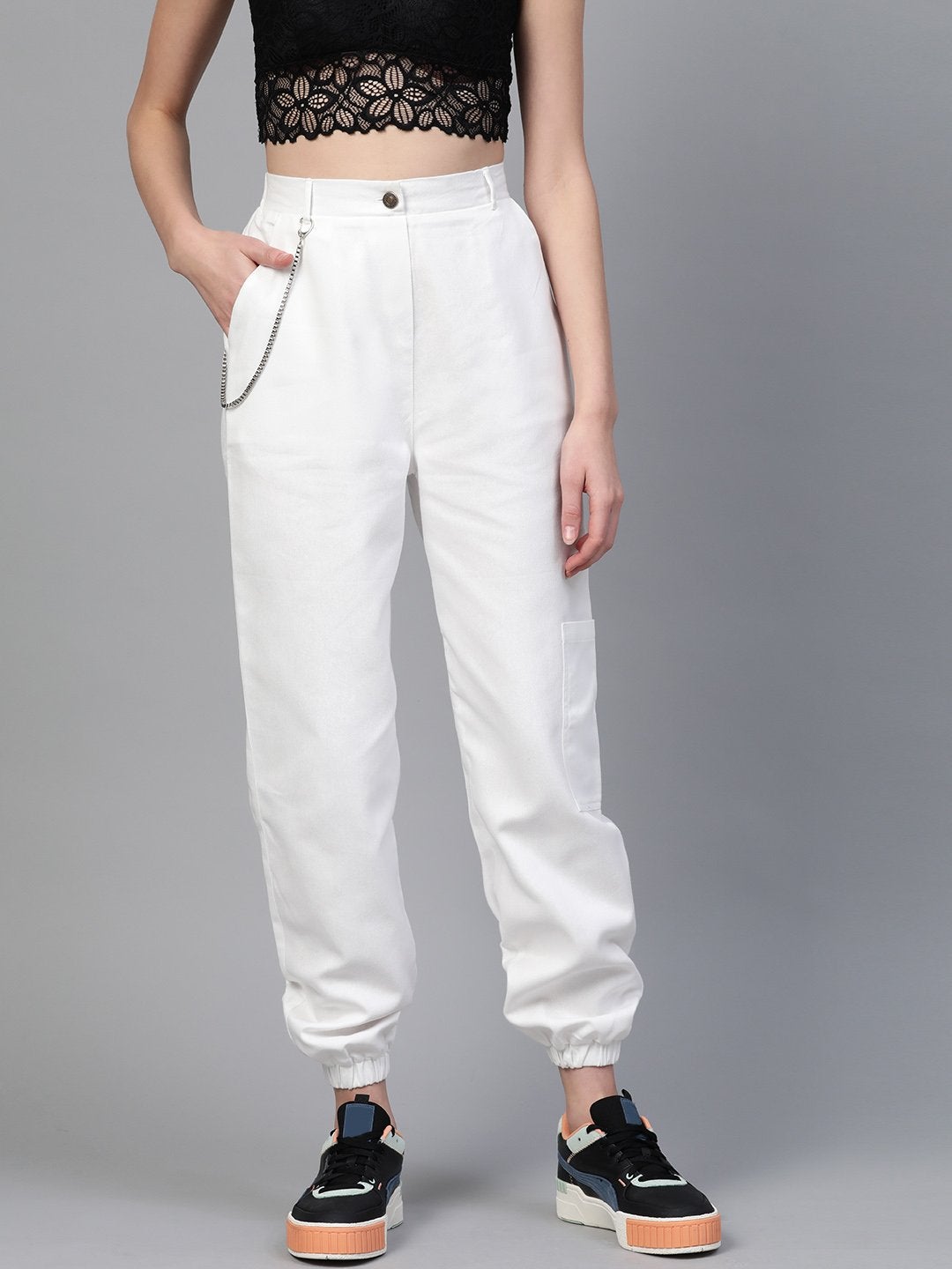 Women's White Hip-Hop Streetwear Cargo Pants - SASSAFRAS