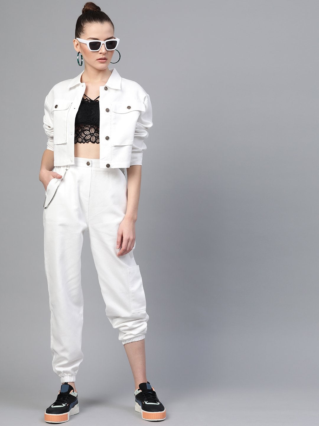 Women's White Hip-Hop Streetwear Cargo Pants - SASSAFRAS