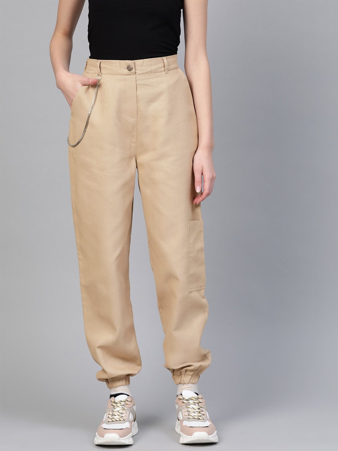 Women's Beige Hip-Hop Streetwear Cargo Pants - SASSAFRAS