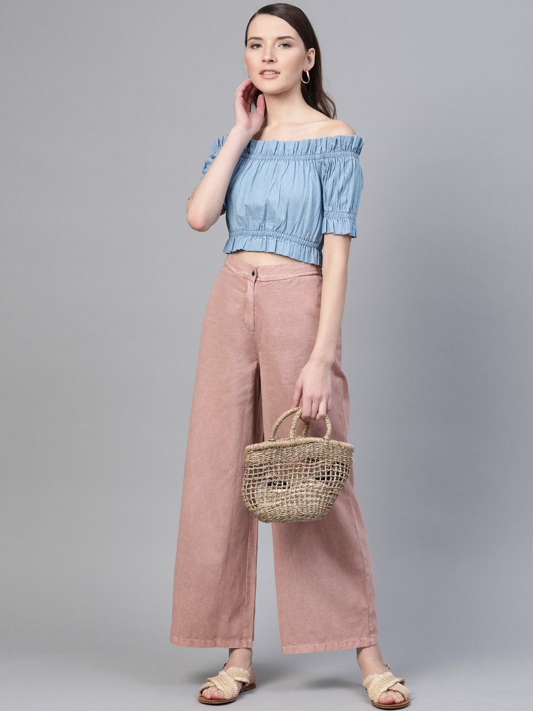 Women's Pink Denim Flared Pant - SASSAFRAS