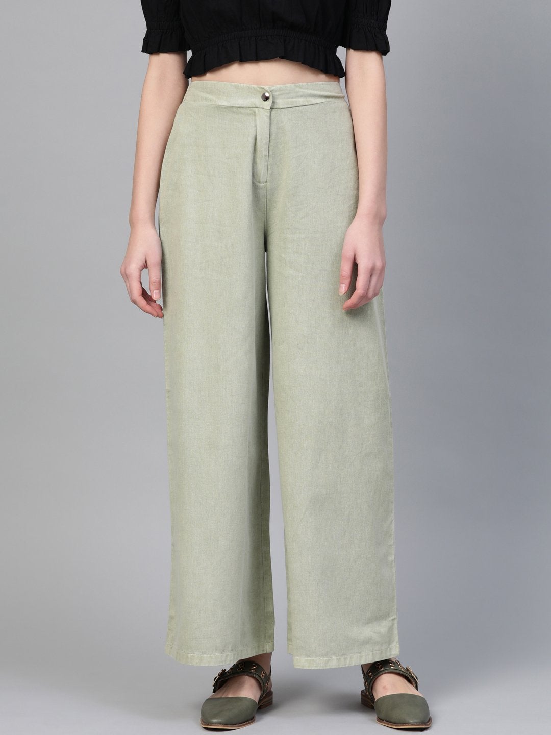 Women's Olive Denim Flared Pant - SASSAFRAS