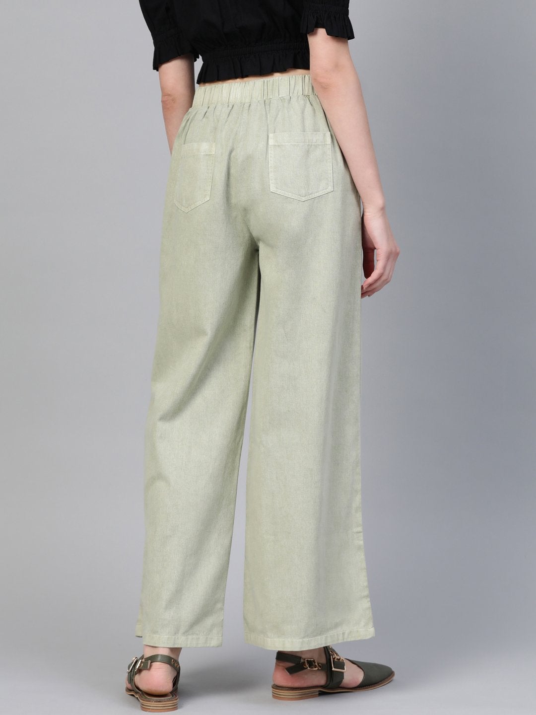 Women's Olive Denim Flared Pant - SASSAFRAS