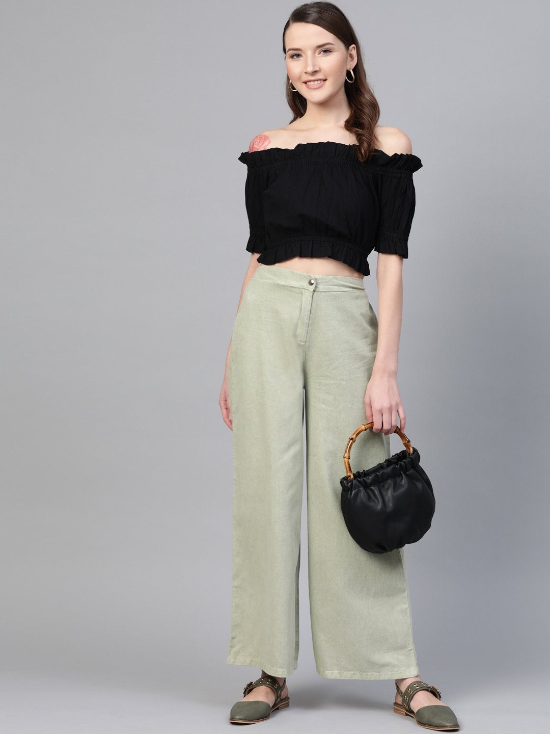 Women's Olive Denim Flared Pant - SASSAFRAS