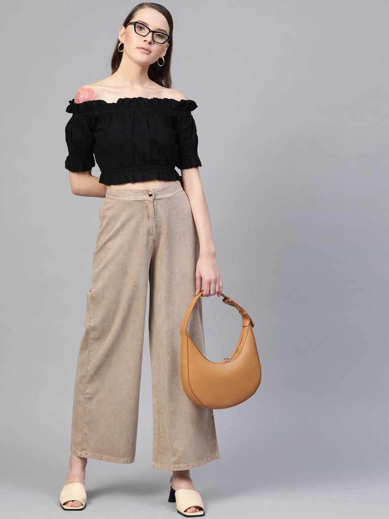 Women's Beige Denim Flared Pant