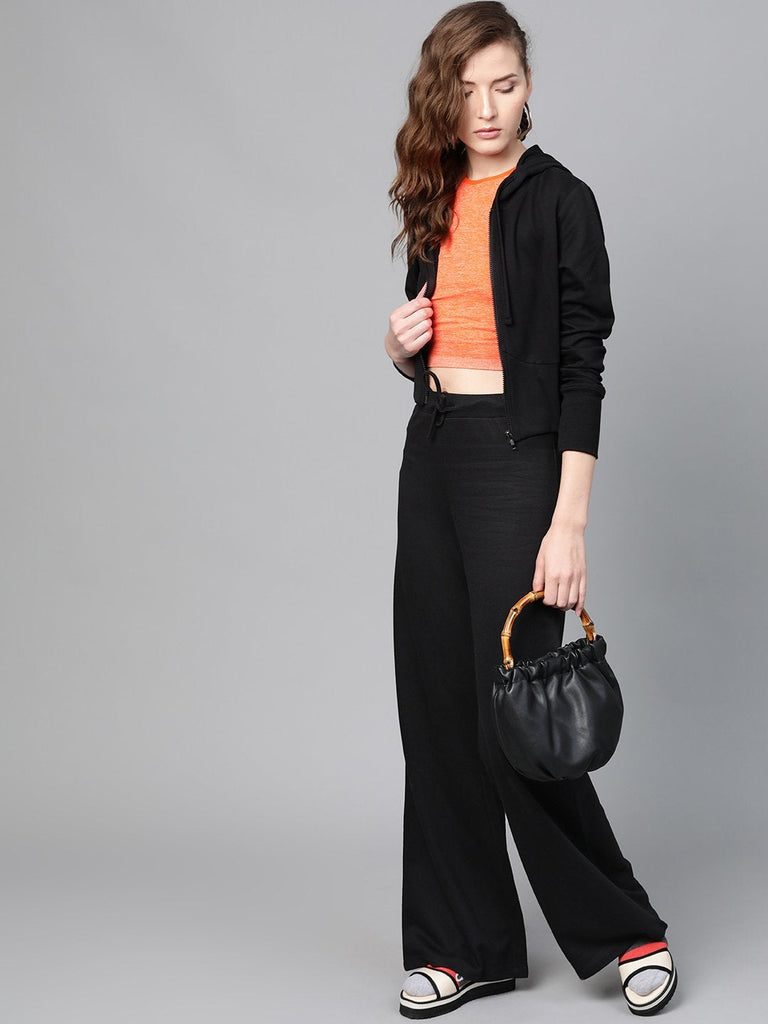 Women's Black Terry Wide Leg Drawstring Pants