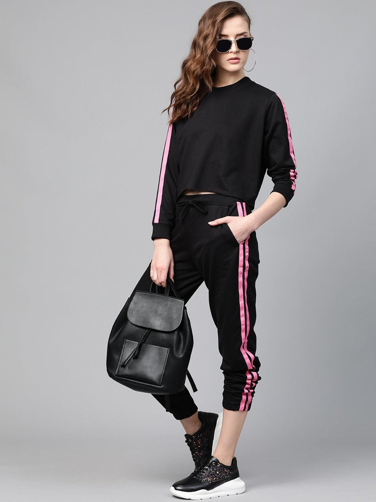 Women's Black Terry Contrast Side Tape Jogger