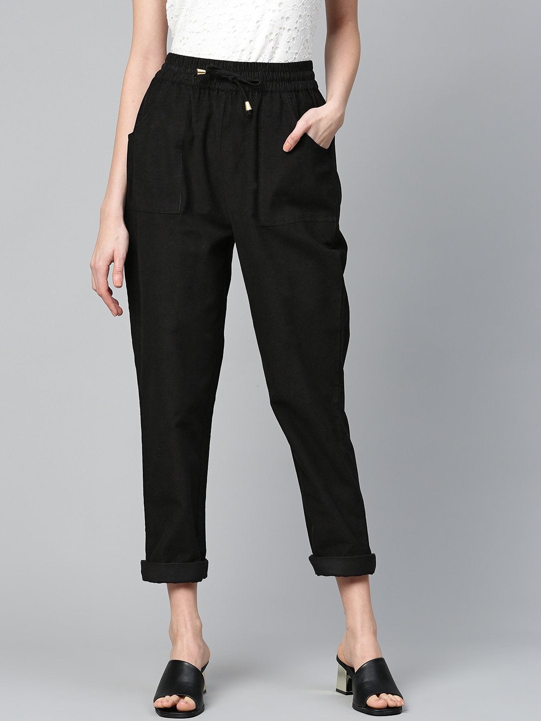 Women's Black Corduroy Street Style Drawstring Pants - SASSAFRAS