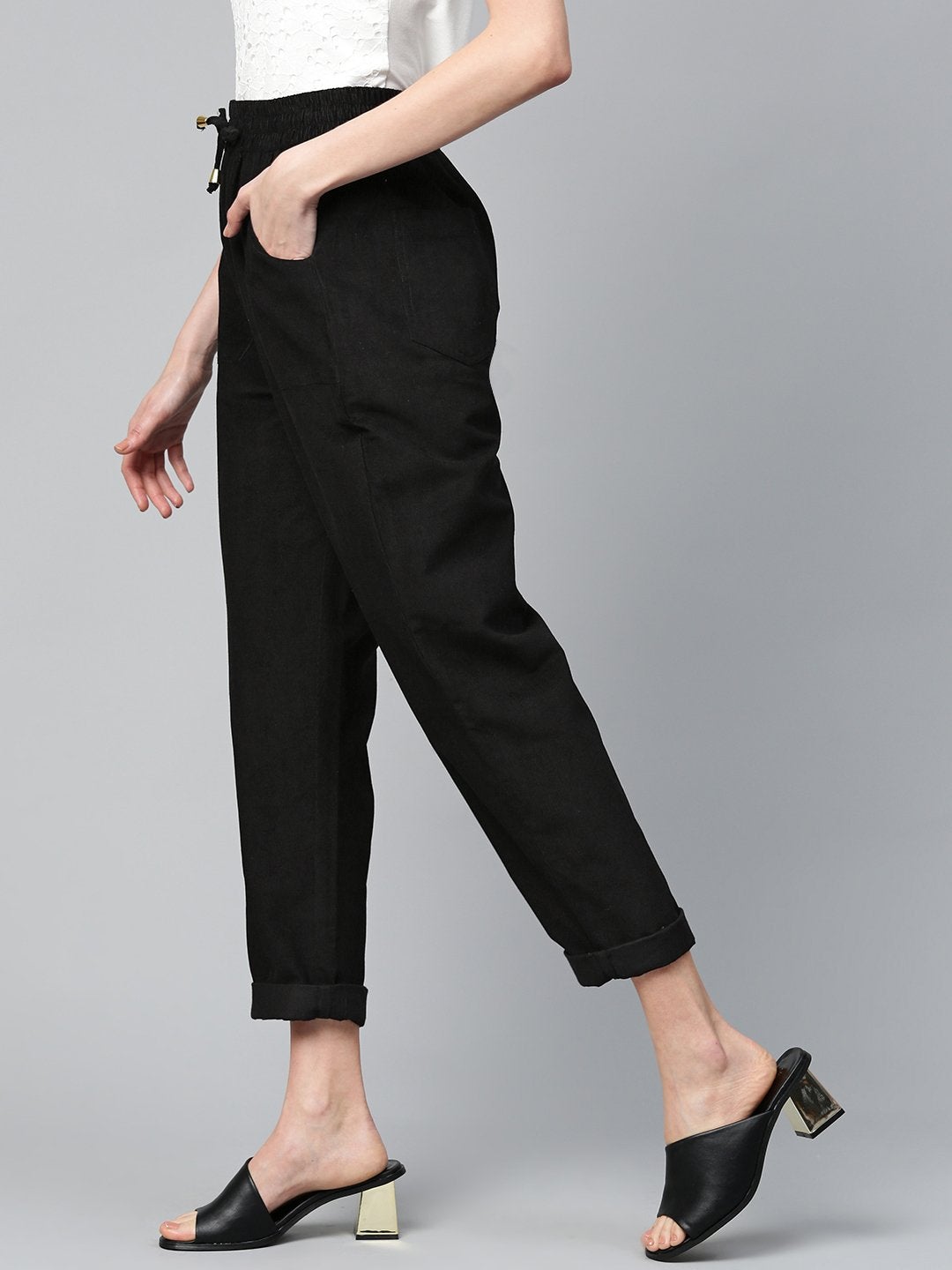 Women's Black Corduroy Street Style Drawstring Pants - SASSAFRAS