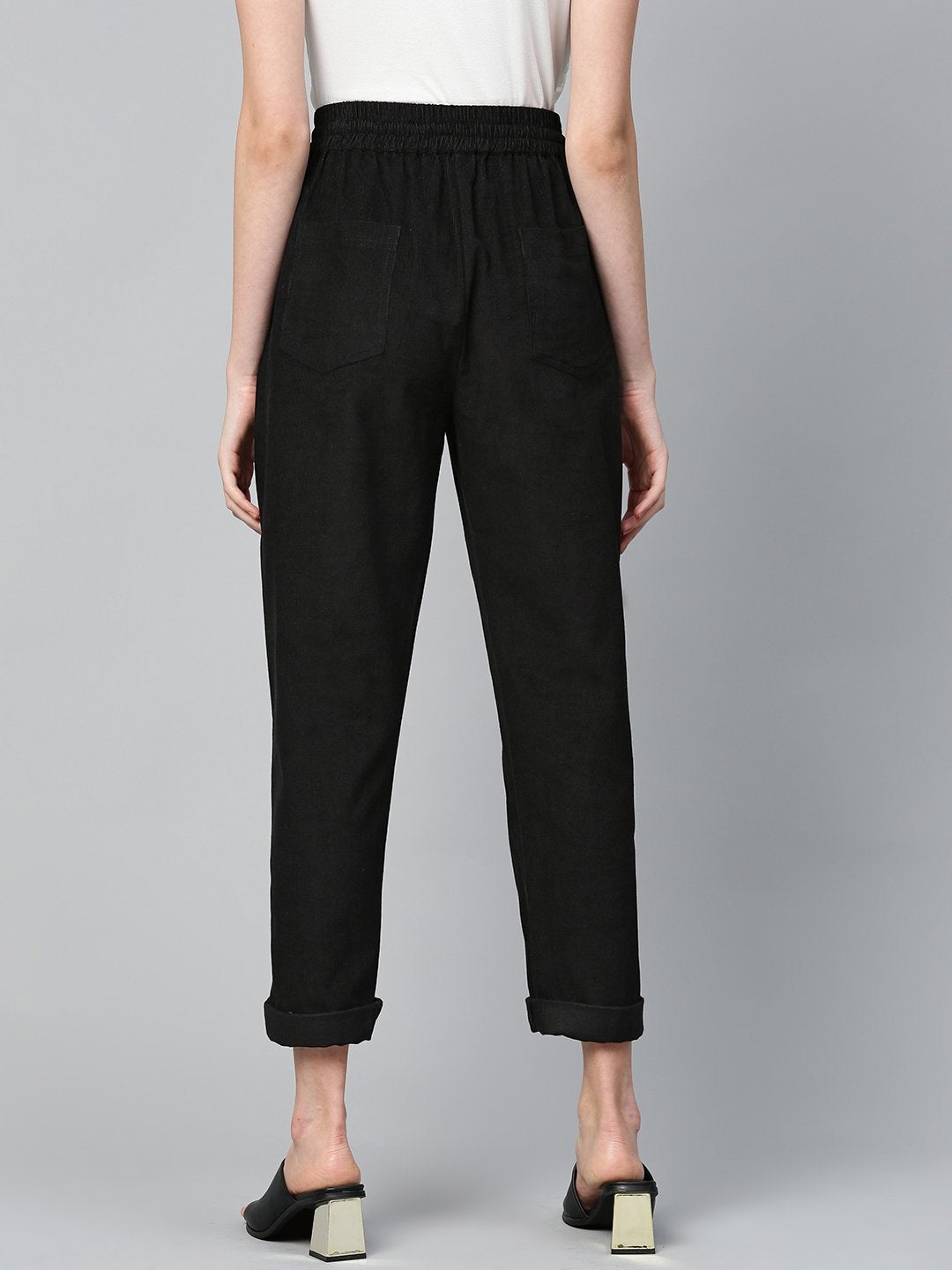 Women's Black Corduroy Street Style Drawstring Pants - SASSAFRAS