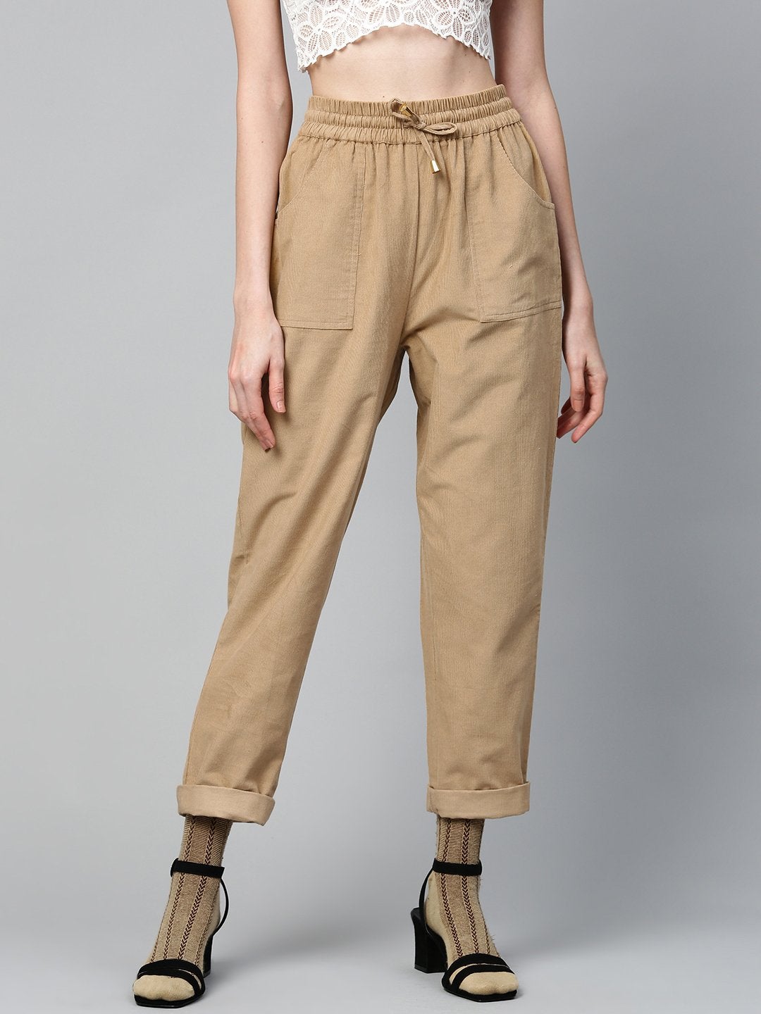 Women's Beige Corduroy Street Style Drawstring Pants - SASSAFRAS