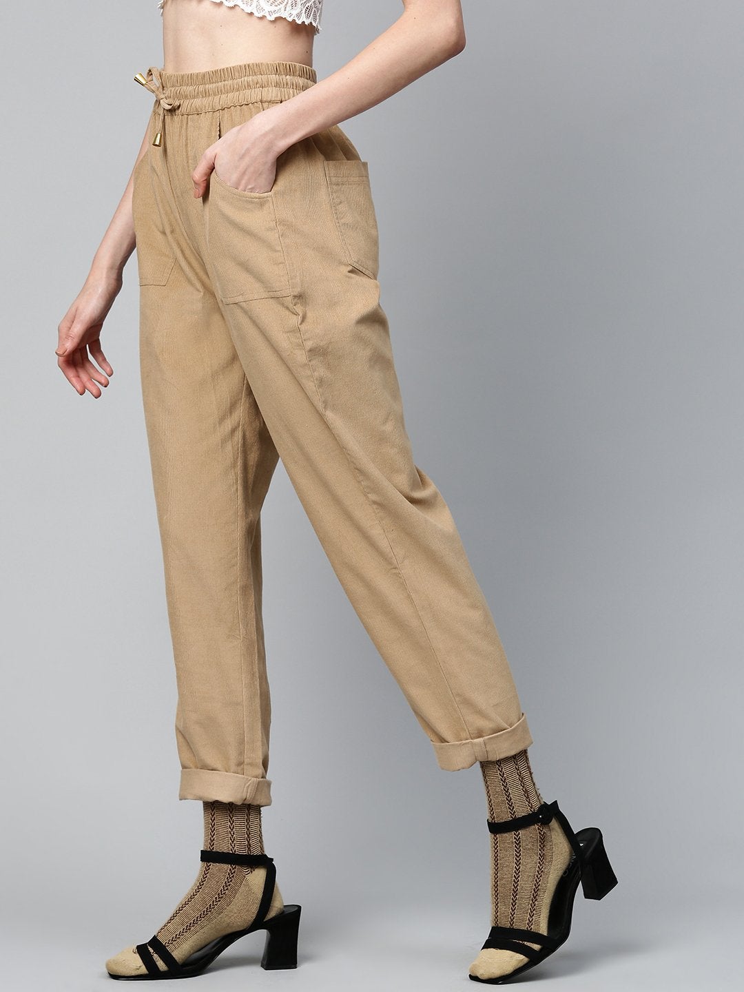 Women's Beige Corduroy Street Style Drawstring Pants - SASSAFRAS