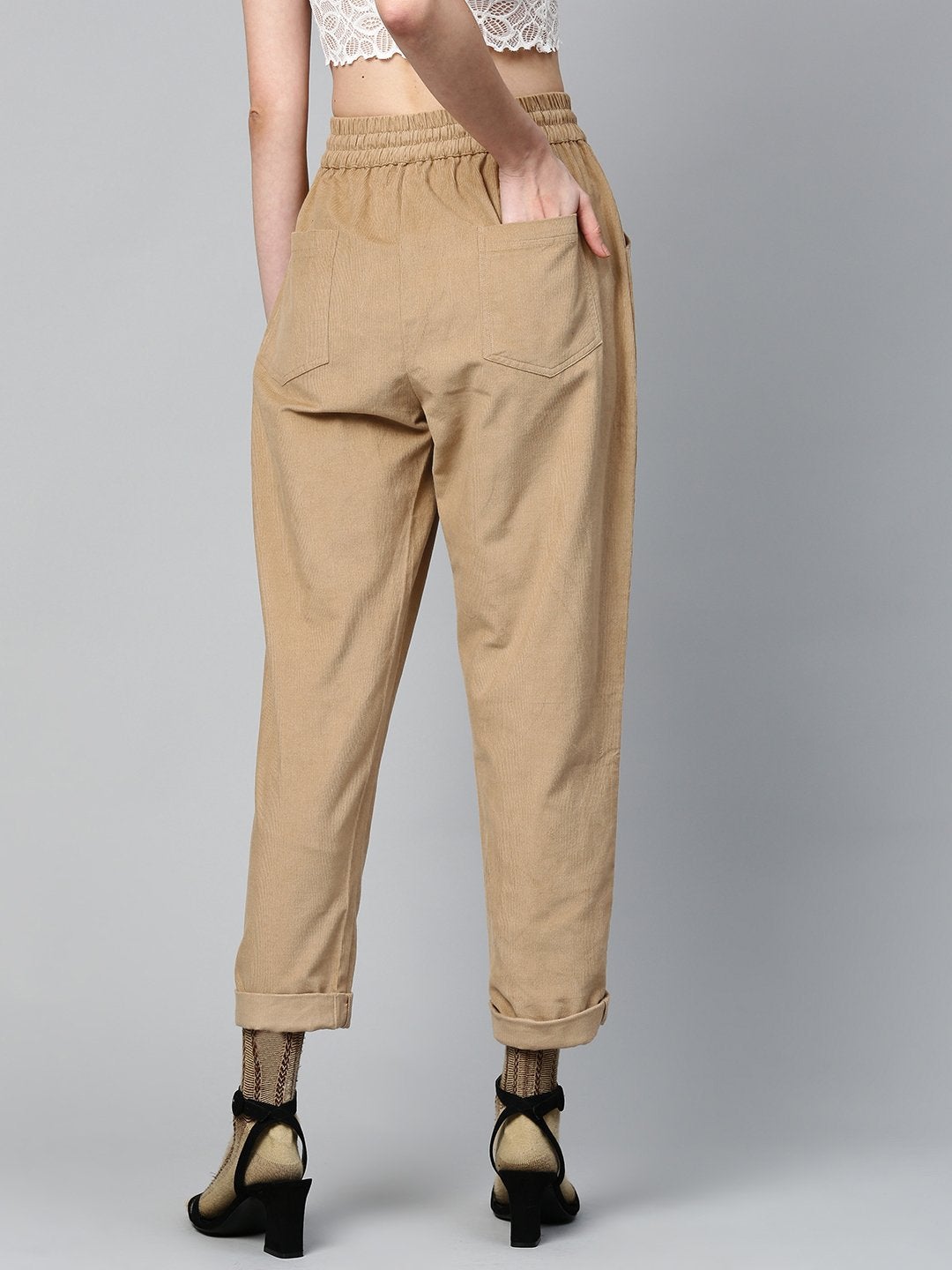 Women's Beige Corduroy Street Style Drawstring Pants - SASSAFRAS