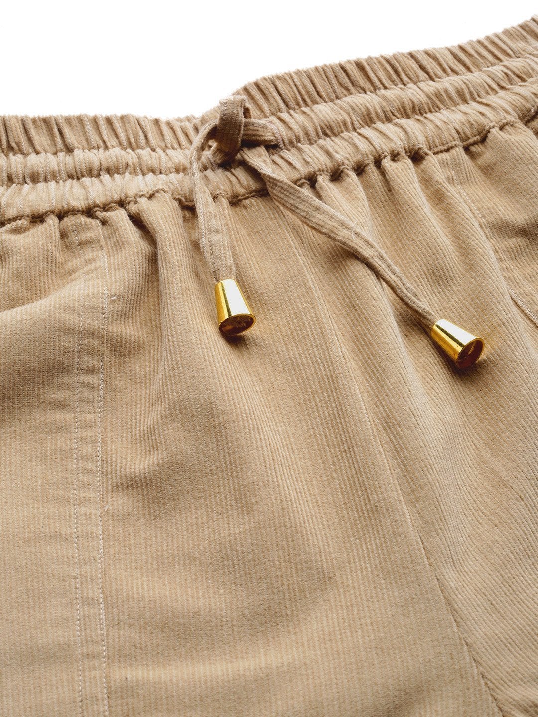 Women's Beige Corduroy Street Style Drawstring Pants - SASSAFRAS