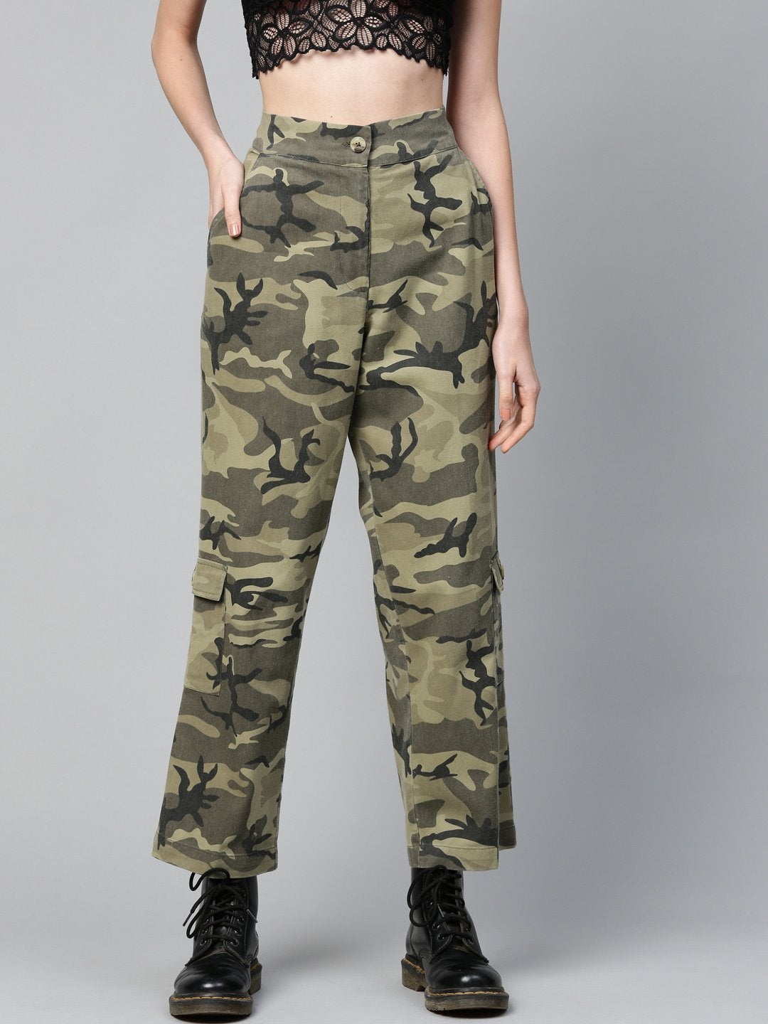 Women's Green Camouflage Twill Side Pocket Pants - SASSAFRAS