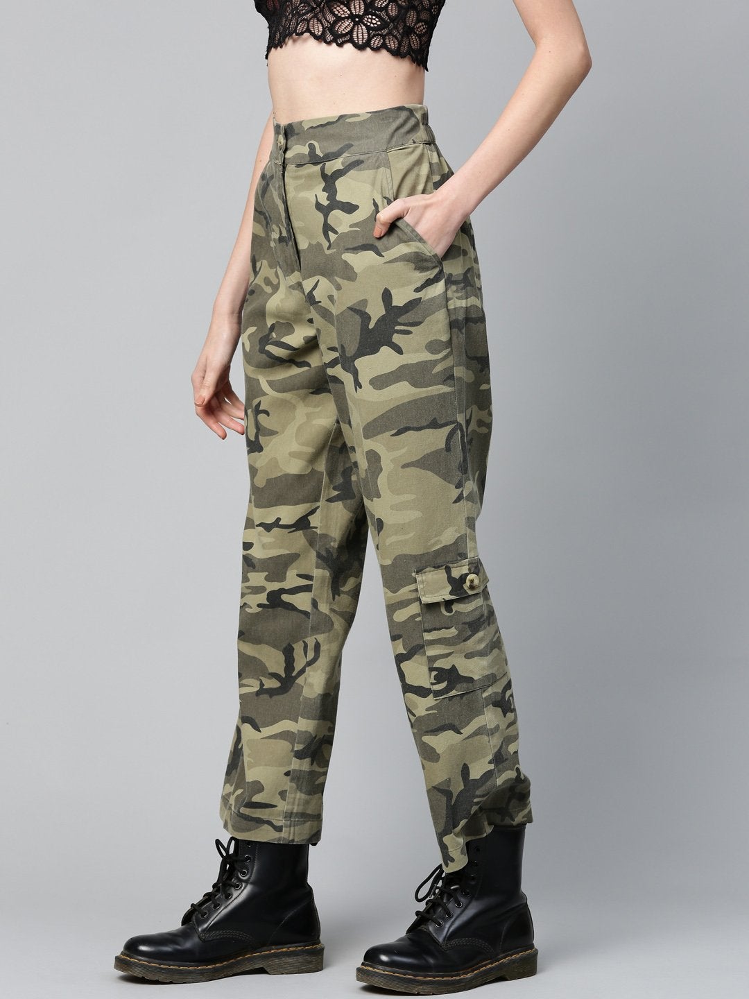 Women's Green Camouflage Twill Side Pocket Pants - SASSAFRAS