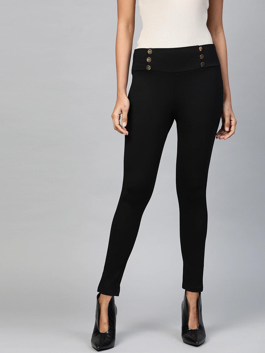 Women's Black Mock Button High Waist Jeggings - SASSAFRAS