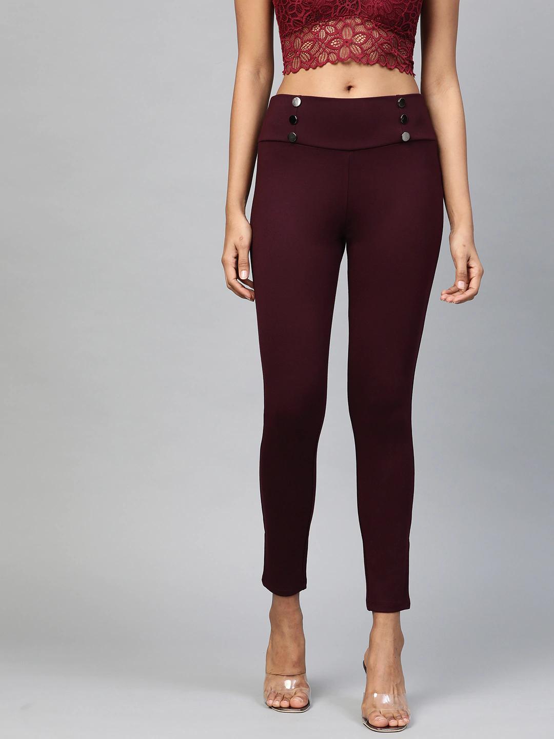 Women's Burgundy Mock Button High Waist Jeggings - SASSAFRAS