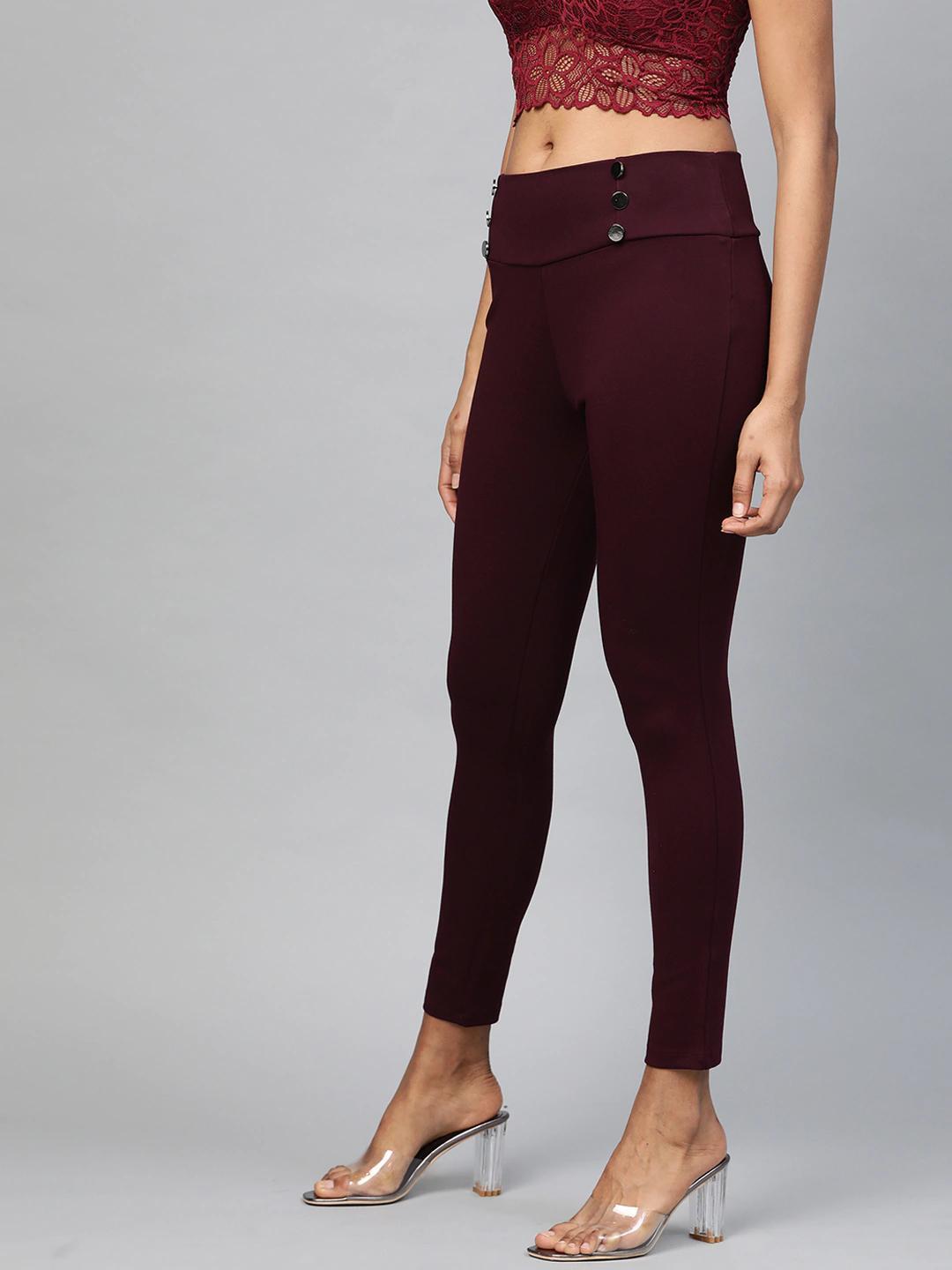 Women's Burgundy Mock Button High Waist Jeggings - SASSAFRAS